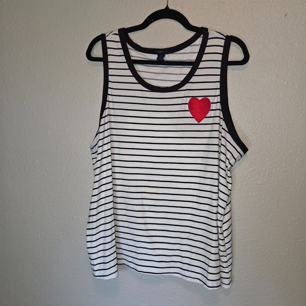 rue+ Striped Heart Patch Ringer Tank Top 2X Black White